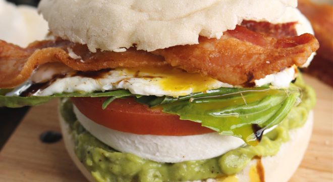 Bacon and Egg Caprese Breakfast Sandwich