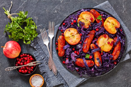 Turkey Sausages with Braised Red Cabbage, Apples and Balsamic