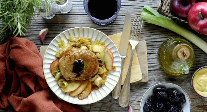 Balsamic-Marinated Pork Fillet with Prunes, Leeks & Apples
