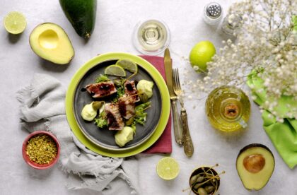 Tuna Steak with Avocado Mayonnaise, Caper Fruit and Balsamic Vinegar