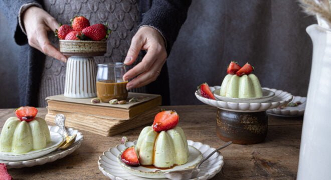 Pistachio Bavarois with Strawberries and Balsamic