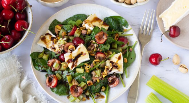 Fresh Spinach Salad with Cherries, Brie, Celery and Pistachios