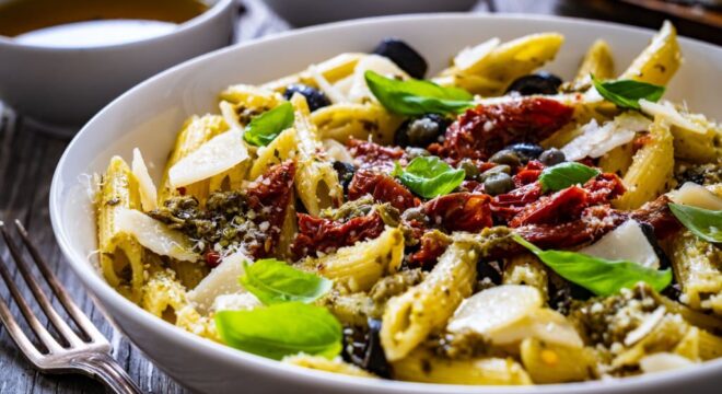 Pesto Pasta with Sundried Tomatoes and Pistachios 