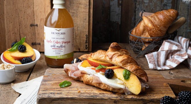 Croissant with Prosciutto di Parma, Burrata, Blackberries and Peaches​