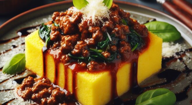 Polenta Squares with Spinach, White Ragù and Parmigiano ​