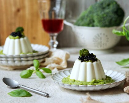 Panna Cotta Salata con Crema di Broccoli e Perle di Modena al Tartufo_denigris
