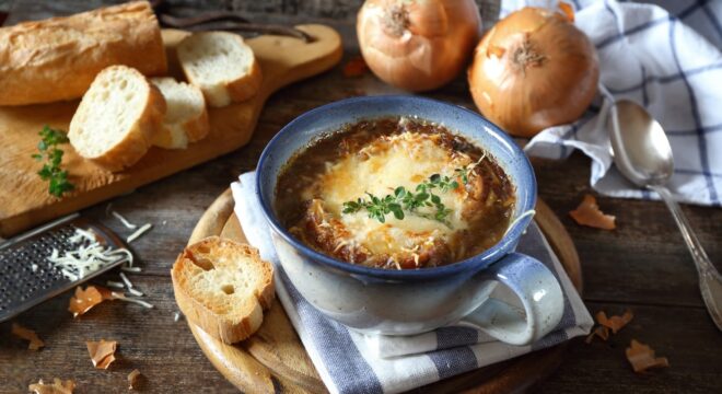 Onion Soup with Gruyere, Crostini and Balsamic Vinegar