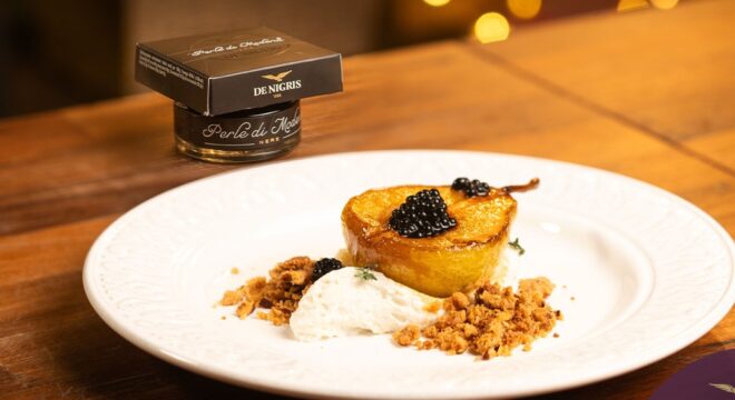 Pere Caramellate con Ricotta e Perle di Modena Nere_denigris_ricette