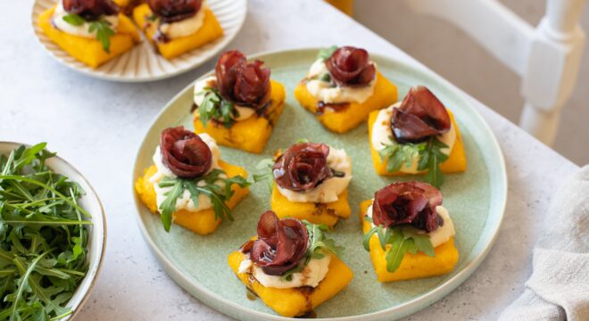 Fried Polenta Bites with Parmigiano Cream, Bresaola and Rocket